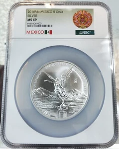 2016 MEXICO SILVER LIBERTAD 5 OZS NGC MS 69 RARE BEAUTIFUL GEM 5 ONZA - Picture 1 of 5