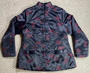 Vintage Black Maroon Chinese Womens Fitted Jacket Embroidered Floral Silk - Picture 1 of 6