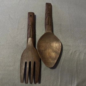 Vintage MCM Wall Hanging Large Wooden Spoon and Fork Set Totem 12” Long - Picture 1 of 8