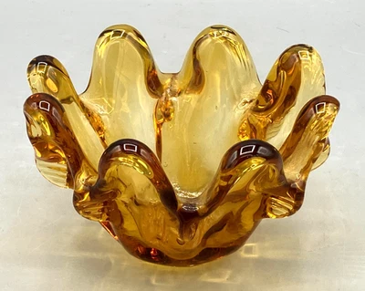 Pequeño cuenco de vidrio soplado a mano estilo Murano ámbar 8 dedos arte bordes pellizcados Foto 1 de 4