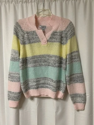 Vintage Retro Striped Sweater RAVE 80s Pastel Large - Image 1 of 4