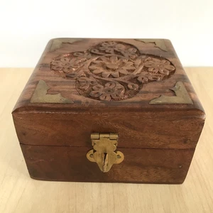 Carved Wooden Storage Box Brass Inlay & Latch Decorative 10cm Crystals Dice - Picture 1 of 11