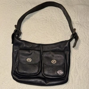 VINTAGE HARLEY DAVIDSON BLACK THICK LEATHER 2 Front Locks SHOULDER BAG - Picture 1 of 13