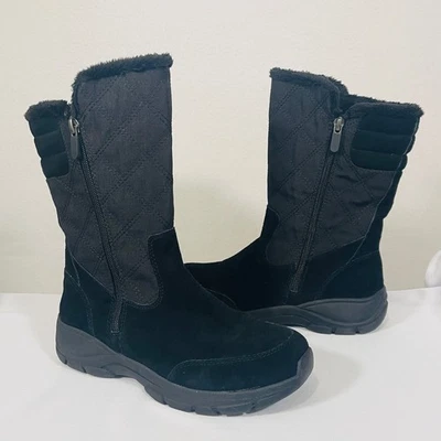 Lands End Winter Snow Boots Womens 7.5 B Black Suede Faux Fur Lined Mid Calf - Image 1 of 4