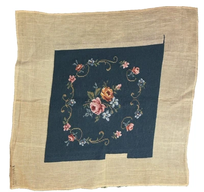 Bucilla 15x15 Wool Tapestry Needlepoint Cover Pink Floral Blue Background - Image 1 of 4