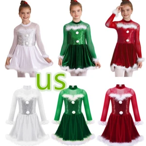 Kids Girls Christmas Dance Dress Costume Sequins Xmas Party Fancy Long Sleeve - Picture 1 of 51