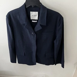 St. john Linen blend Navy blazer Size 10 3 buttons  Pockets - Picture 1 of 5