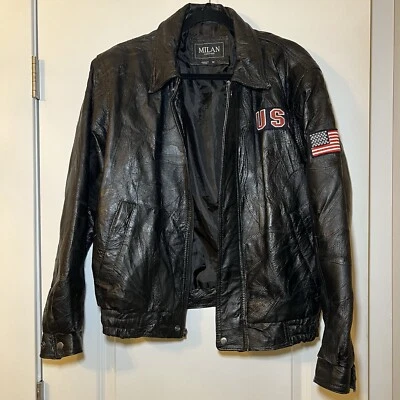 Chaqueta de Motociclista Vintage Años 90 Milán Cuero Genuino EE. UU. Águila Cremallera Completa Gráfico Para Hombres M Foto 1 de 4