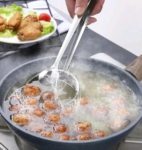 1pc Stainless Steel Tong With Mesh Strainer Skimmer Spoon For Frying - Picture 1 of 4