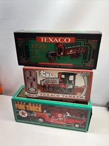 3 VTG Texaco 1925 Kenworth Stake Truck Bank Die Cast Metal /1910 Fuel Tanker - Picture 1 of 4