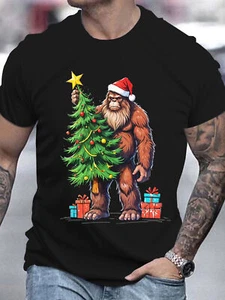 Men's Christmas Bigfoot 3D Printed T-Shirt Casual Round Neck Short Sleeve Summer - Picture 1 of 5