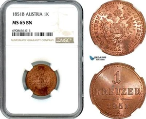 AK202, Austria, Franz Joseph, 1 Kreuzer 1851 B, Kremnitz, NGC MS65BN, Top Pop! - Picture 1 of 1