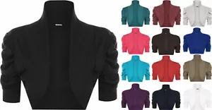 Cardigan bolero donna nuovo corto manica a sbuffo increspato scrollato spalle scoperte taglia UK 8-14 - Foto 1 di 16