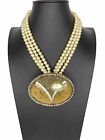 Vintage Triple Strand Faux Pearl Necklace Oval Pearl Cabochon Chunky Medallion