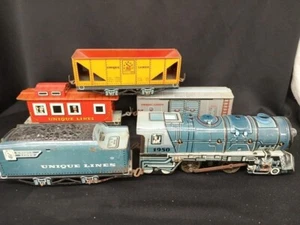 Unique Art #1950 Blech Litho Dampflokomotive, Tender und Autos - Bild 1 von 22