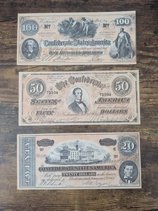 Lot of 3 Confederate States of America Bills $100, $50 & $20 - Picture 1 of 2