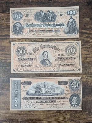 Lot of 3 Confederate States of America Bills $100, $50 & $20 - Image 1 of 2