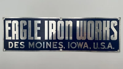 Letrero de aluminio Eagle Iron Works Des Moines Iowa EE. UU. azul y plateado 17x5, garaje Foto 1 de 4