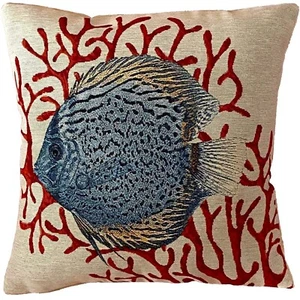 BLUE TROPICAL FISH, FRENCH HAND FINISHED 17" 44CM TAPESTRY CUSHION PILLOW COVER - Picture 1 of 5