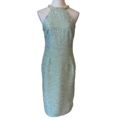 Vestido de tweed metálico lantejoulas azul água pequeno H18 - Imagem 1 de 4