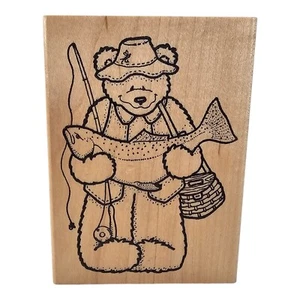 Estampilla de goma Darcie's Country Folk oso pescador salmón pez R0672 1994 - Imagen 1 de 5