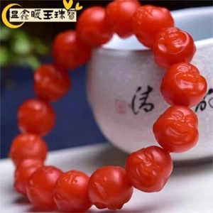 Natural southern red agate carved Maitreya Buddha bead bracelet 10mm - Picture 1 of 6