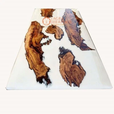 Corridor Dining Table White Resin Epoxy Acacia Wood Handmade  Resort Furniture - Image 1 of 4