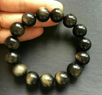 Brazalete de cuentas redondas de piedras preciosas de obsidiana de oro natural genuino de 12 mm 7,5"" AAA Foto 1 de 4