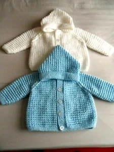 TWO HAND KNITTED  PRAM JACKETS with ATTACHED HOOD. - Picture 1 of 5