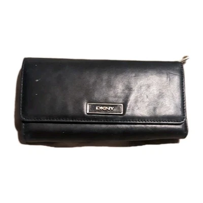 Vintage DKNY Black Genuine Leather Zip Wallet Clutch CLASSIC - Image 1 of 4