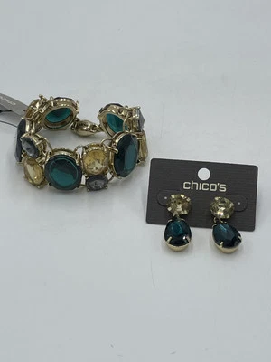 Chico's "Ivy" Bracelet Earrings Faceted Crystals Gold Tone Links Green MSRP $74 - Image 1 of 2