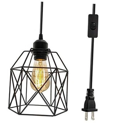 Industrial Plug in Pendant Light, Black Cage Pendant Light Fixture with On/Off  - Image 1 of 4