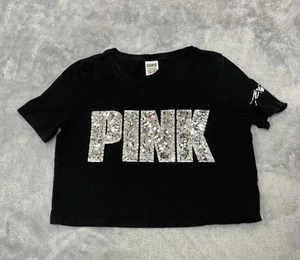 Victoria’s Secret PINK silver sequined black crop top Small - Picture 1 of 8