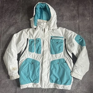 Men's Vintage Y2K Oakley Multi Pocket White Blue Hooded Ski Coat Jacket Sz XL - Picture 1 of 6