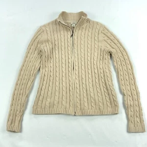 LL Bean Cable Knit Sweater Womens Medium Beige Full Zip - Picture 1 of 9