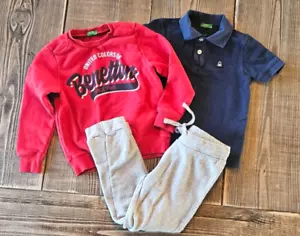 United Colors of Benetton Boys 3 Piece Outfit Set XS Blue Red Polo Shirt Joggers - Picture 1 of 8