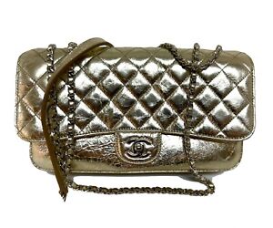 Chanel Metallic Gold Flap Crackled Leather Crossbody Bag