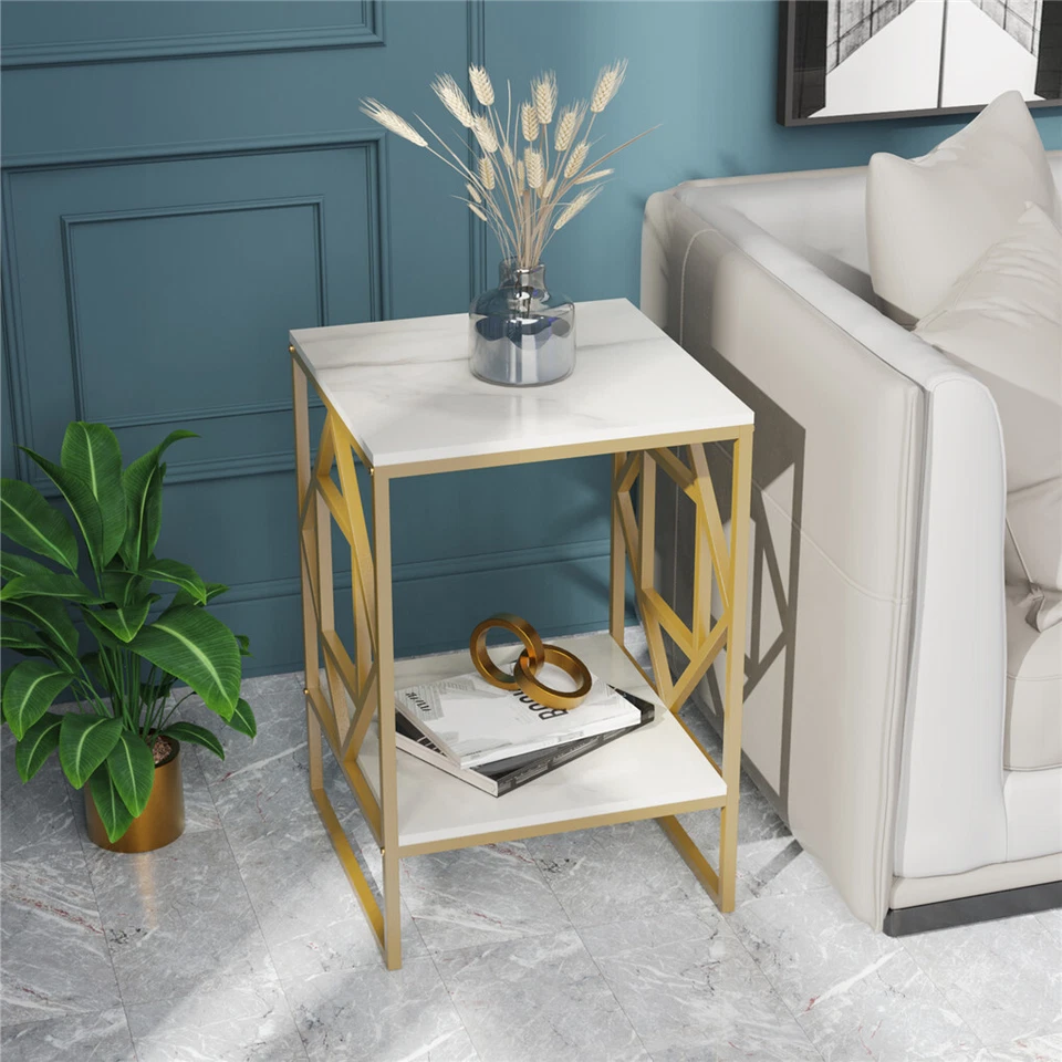 Modern Geometry Metal Base Accent Table Marble Top End Snack Side Table 2 Tiers - Image 1 of 4