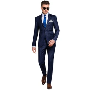 Men's Blue Stirped Suits Business Wedding Formal Jacket Pant 2 Pieces Slim Fit - Picture 1 of 17