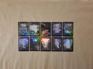 MTG Midnight Hunt FOIL Basic Land Set of 10 (LP/NM) One of Each Artwork! - Picture 1 of 12