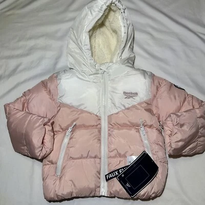 Reebok GIRLS Winter Jacket Faux Fur Lined Hooded Full Zip Pink/white Size 4 NEW! - Image 1 of 4