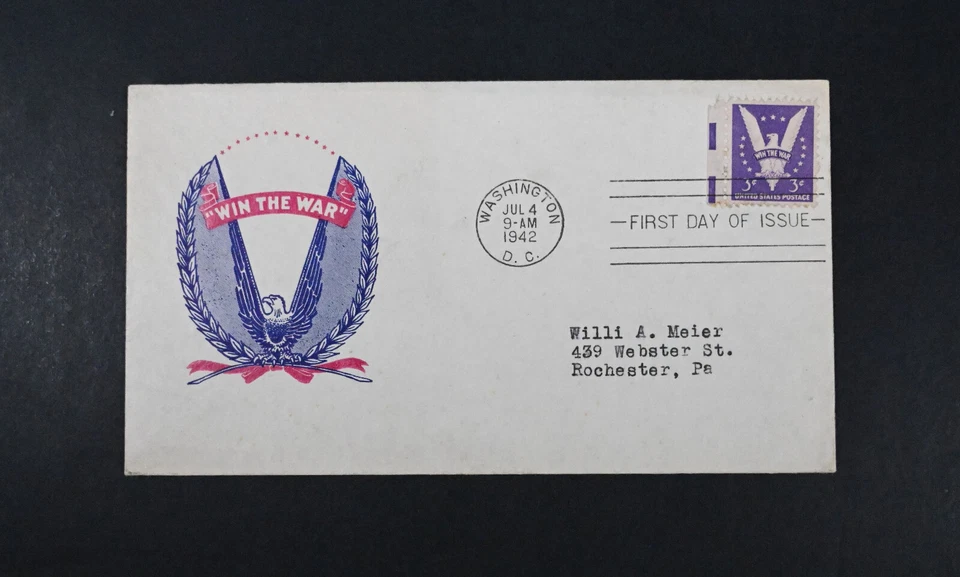 July 4 1942 USA FDC Scott # 905-5 Stamp Ioor Cachet VF Cover Win the War WWII - Image 1 of 2