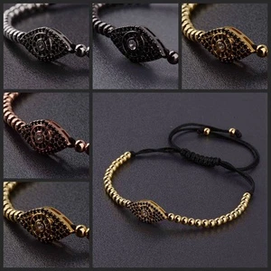 18k Gold Plated  Zircon Demon Eye 4MM Beads Adjustable Braiding Macrame Bracelet - Picture 1 of 35