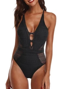 Costume da bagno donna SOCIALA MEDIUM all'uncinetto 1 pezzo collo a V vita alta nero sexy - Foto 1 di 11