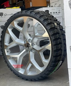 26'' Snowflake Silver Machine Wheels 33'' MT Tires GMC Sierra Silverado Ram 1500 - Picture 1 of 12