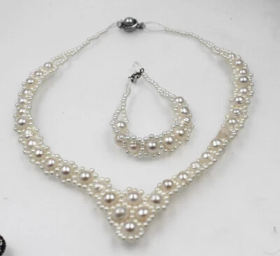 2 rows 8-9 mm  White pearl  weave necklace bracelet 17"7" - Image 1 of 3