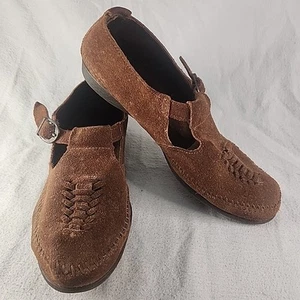 Shoes Minnetonka Woman's Buckle Moccasins Tan Suede Leather Weave Design Size 9 - Picture 1 of 8