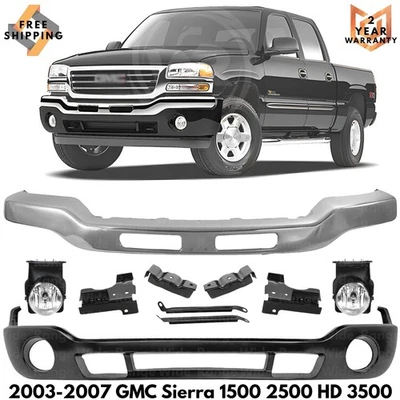 Front Bumper Chrome & Brackets Kit For 2003-2007 GMC Sierra 1500 2500 HD 3500 Foto 1 de 4