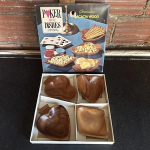 Vintage Bridge Poker Playing Mini Dishes Genuine Acacia Wood Snack Size MCM - Picture 1 of 6