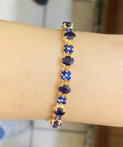18k Solid Yellow Gold Cluster Bracelet W/ Natural Sapphire 14.25GM 6.5Inch - Picture 1 of 9